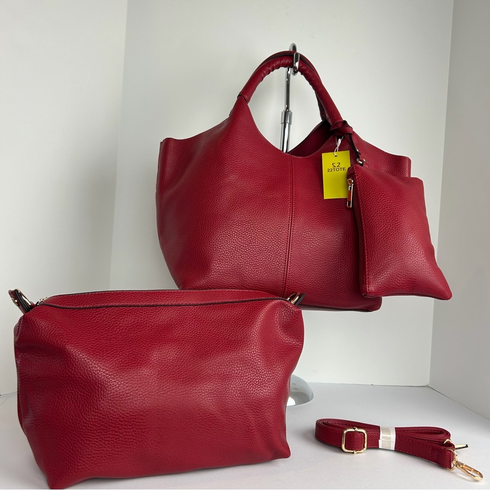 NWT 22 Tote Handbag Pebbled Tote Red Adjustable Strap Removable Clutch Wristlet